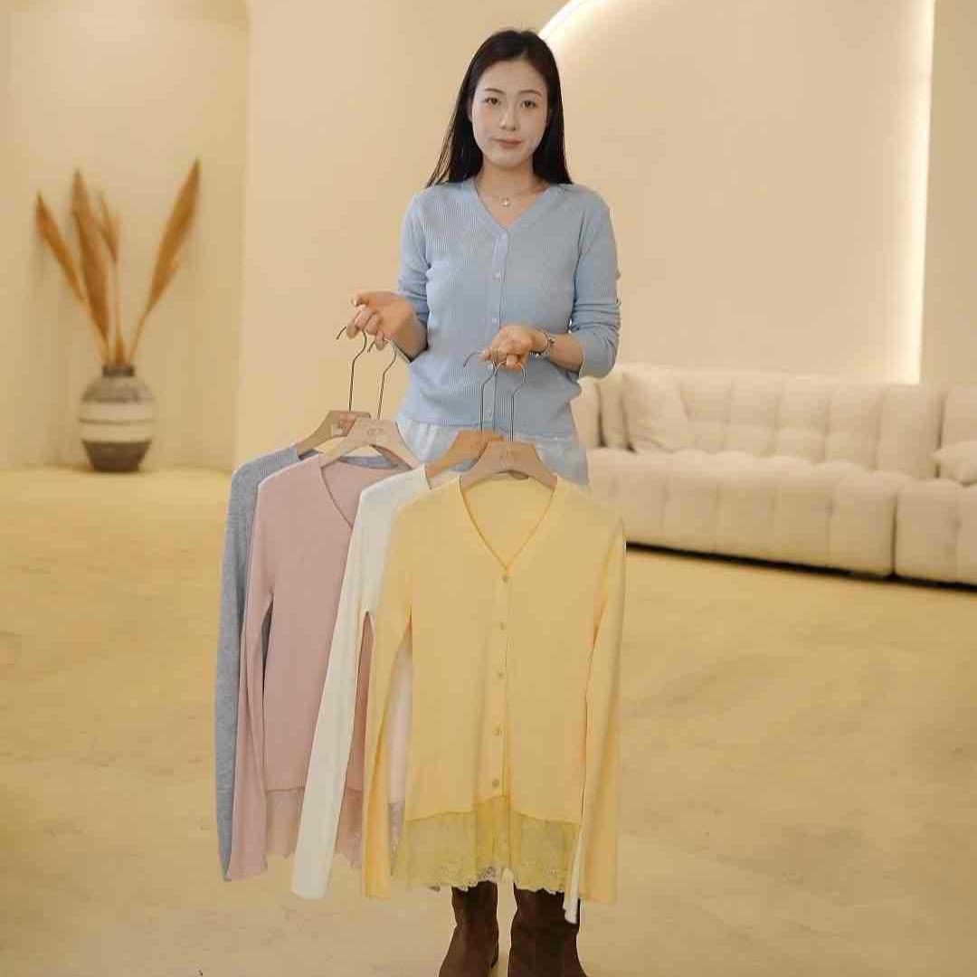 V-neck Ribbed Silk Wool Cardigan (K0311-169) One Size грязно-белый