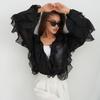 Chiffon Ruffled V-Neck Shirts Top Women Blouse Tee 2026 Summer Sheer Lace-Up High Waist Blouse Elegant Female Shirts Tops
