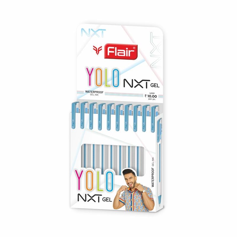 Flair Yolo NXT Waterproof Gel Ink Pen Pack Of 20 Blue Ink Smooth Writing Smudge Free Pens For Office School Use