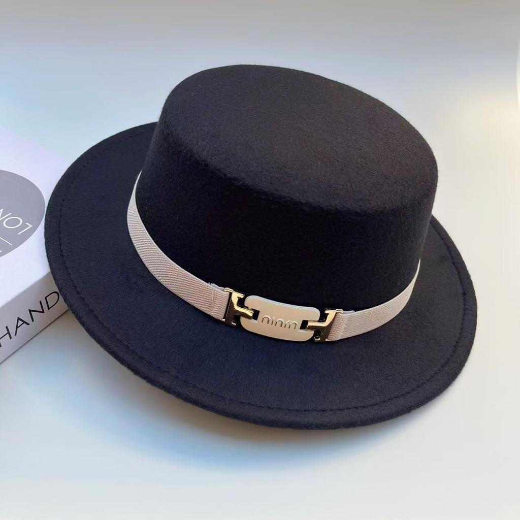 Hat Female British Autumn and Winter Celebrity Retro Versatile Jazz Hat Flat Top Felt Hat Black Wool Top Hat