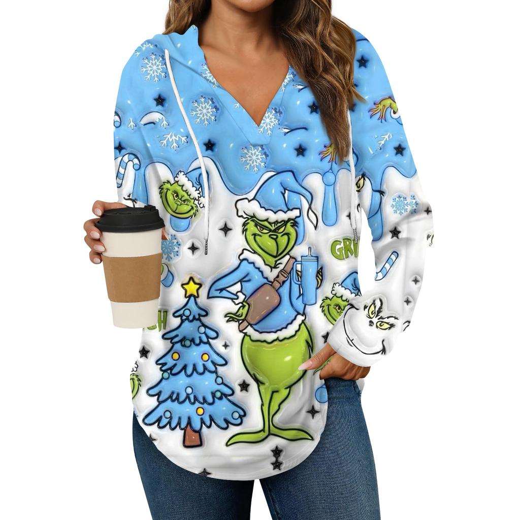 Women's Fashion Hoodies V Neck Long Sleeve Christmas Printed Drawstring Casual Loose Pullover Tops