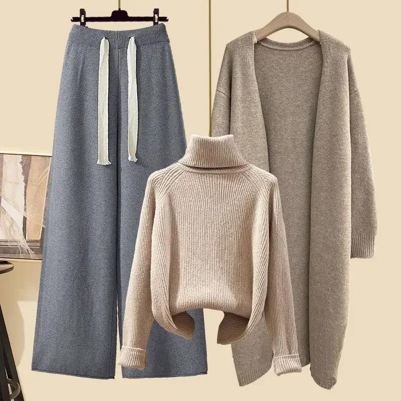 Autumn Winter Warm Knitwear Sets for Women Outfits Ladies Elegant Turtleneck Sweater+long Cardigan Jacket+wide Leg Pant Set