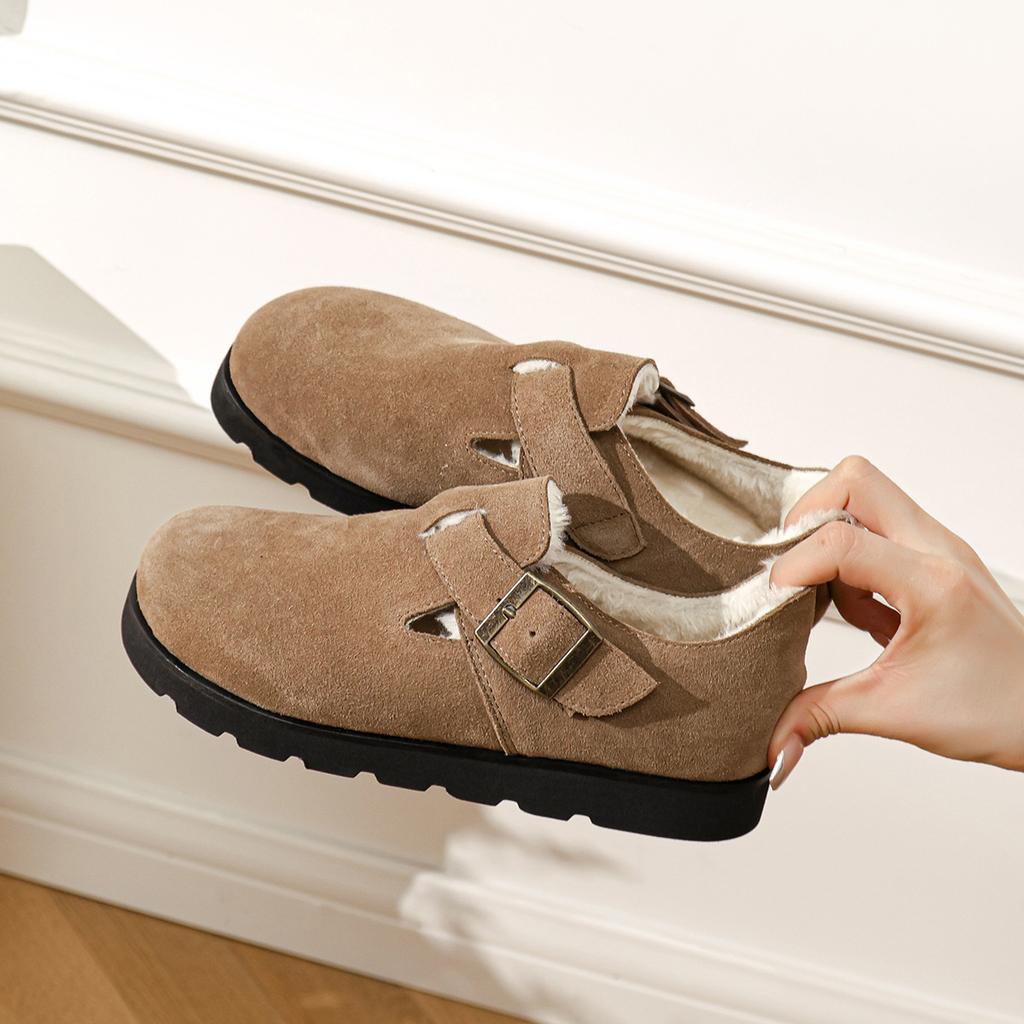 Cowhide Version of Boken Shoes Thick-soled Wool Cotton Shoes Women's Velvet Thickened Leather Autumn and Winter Boken Shoes Wear Fluffy Slippers