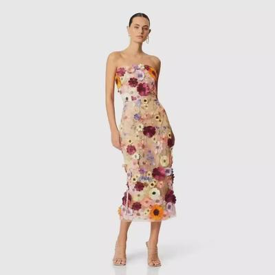 2025 European & American Sexy Sleeveless Midi Dress with Colorful 3D Floral Embroidery