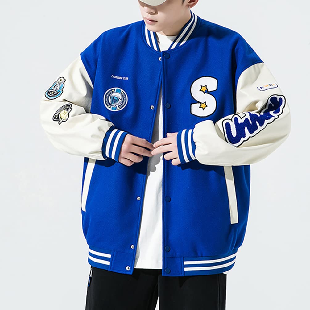 KOSIKINI Varsity Jacket for Men and Loose Cold Plus Size Women, Fit, Embroidered, Weather, Patchwork, Streetwear, (2XL, Blue)