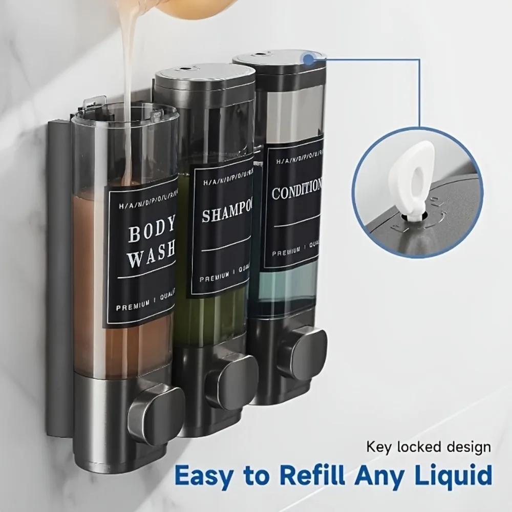 300ML*3 ABS Triple Shampoo and Conditioner Dispenser Wall Mounted Soap Dispenser Shower Gel Dispenser No Drilling for Bathroom
