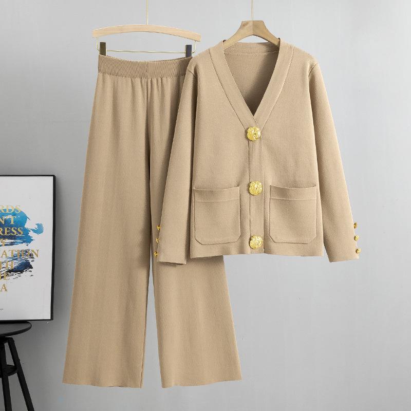 European Style Women's Autumn/Winter Knit Cardigan & Wide-Leg Pants Set