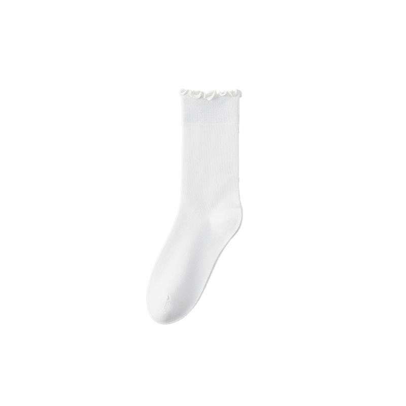 Black Fungus Edge Socks, Women's Solid Color Cotton Mid-calf Socks, Boneless Pile Socks for All Four Seasons, Rolled-up Postpartum Socks, Long Socks