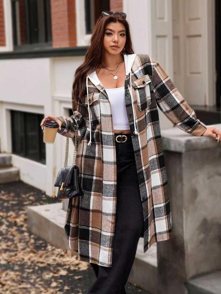 Autumn/Winter 2025 European & American Style Hooded Plaid Wool Trench Coat