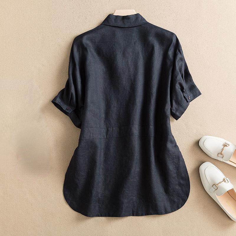 Prodyšná a lehká bavlněná lněná košile pro ženy s volnými krátkými rukávy