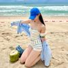 New pure blue and white strips split neck conservative boxers small breasts gather island vacation hot spring swimsuit women