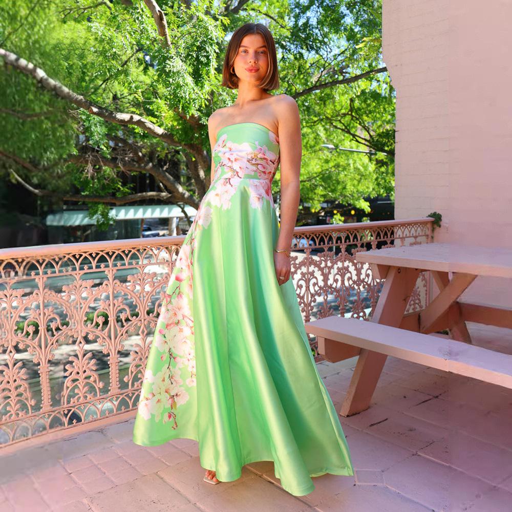 

New design sense splicing satin sexy tube top printing high waist dress evening dress S