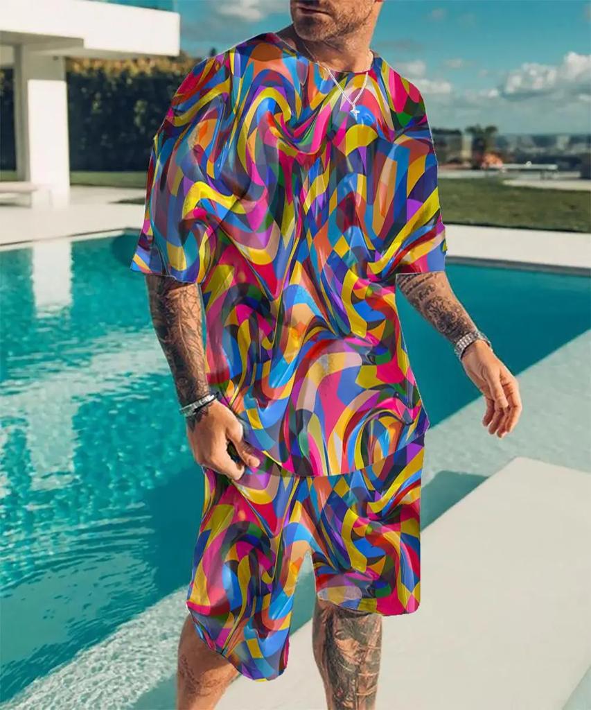 Neuer Sommer 3D geometrischer Musterdruck tägliche Wander-Sportbekleidung Herrenanzug kurzärmeliges T-Shirt + Streetshorts zweiteiliges Set