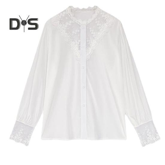 Women Shirt Lace Patchwork Stand Collar Flower Embroidery Single Breasted Long Sleeve Solid Color OL Commute Style Soft Lady Spring Fall Top Blouse