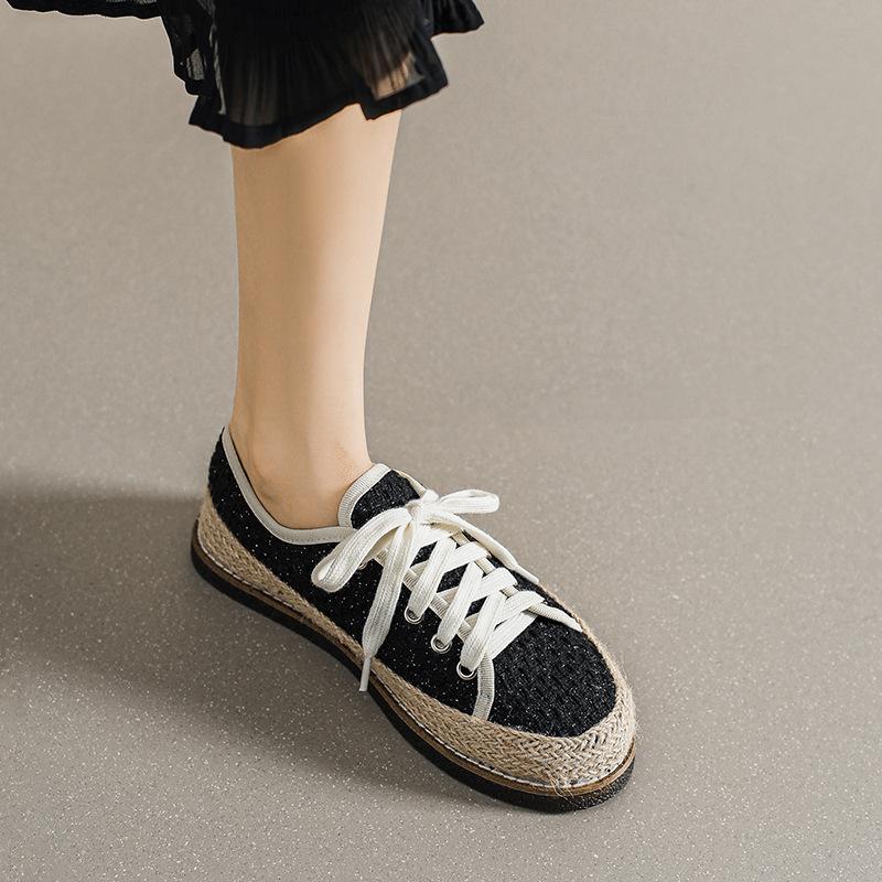 Fashion round toe sequines cloth flats women straw espadrilles shoes ladies lace up platform fisherman shoes woman moccasins big size 43