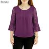 ZANZEA Women Casual Round Neck Loose Lace Splice 3/4 Sleeve Blouse