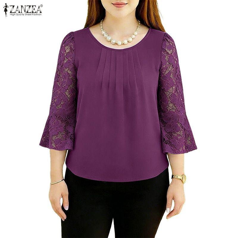 ZANZEA Women Casual Round Neck Loose Lace Splice 3/4 Sleeve Blouse