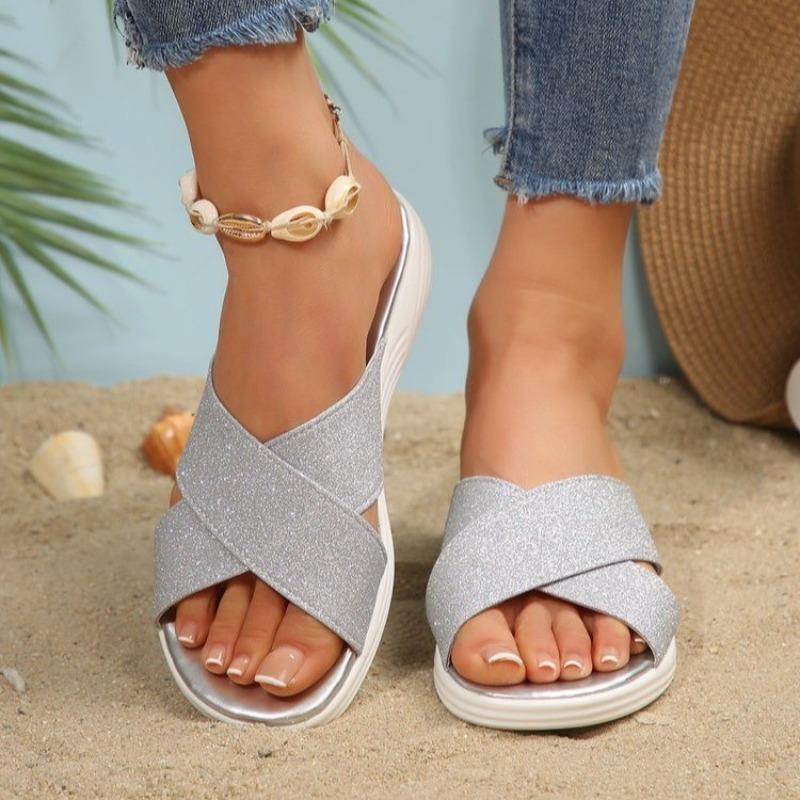 Fashion Platform Wedge Shoes Women's Fashion Round Toe Open Toe Crossover with Sequin Soft Sole Non-Slip Lightweight Low Heel Shoes