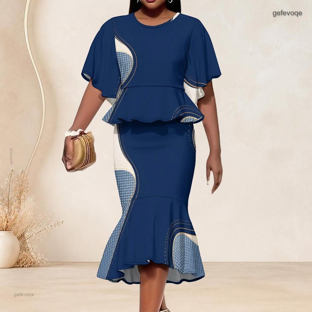 Women Plus Size Blue White Printed Two Piece Set Round Neck Batwing Short Sleeve Ruffle Hem Top Fishtail Skirt