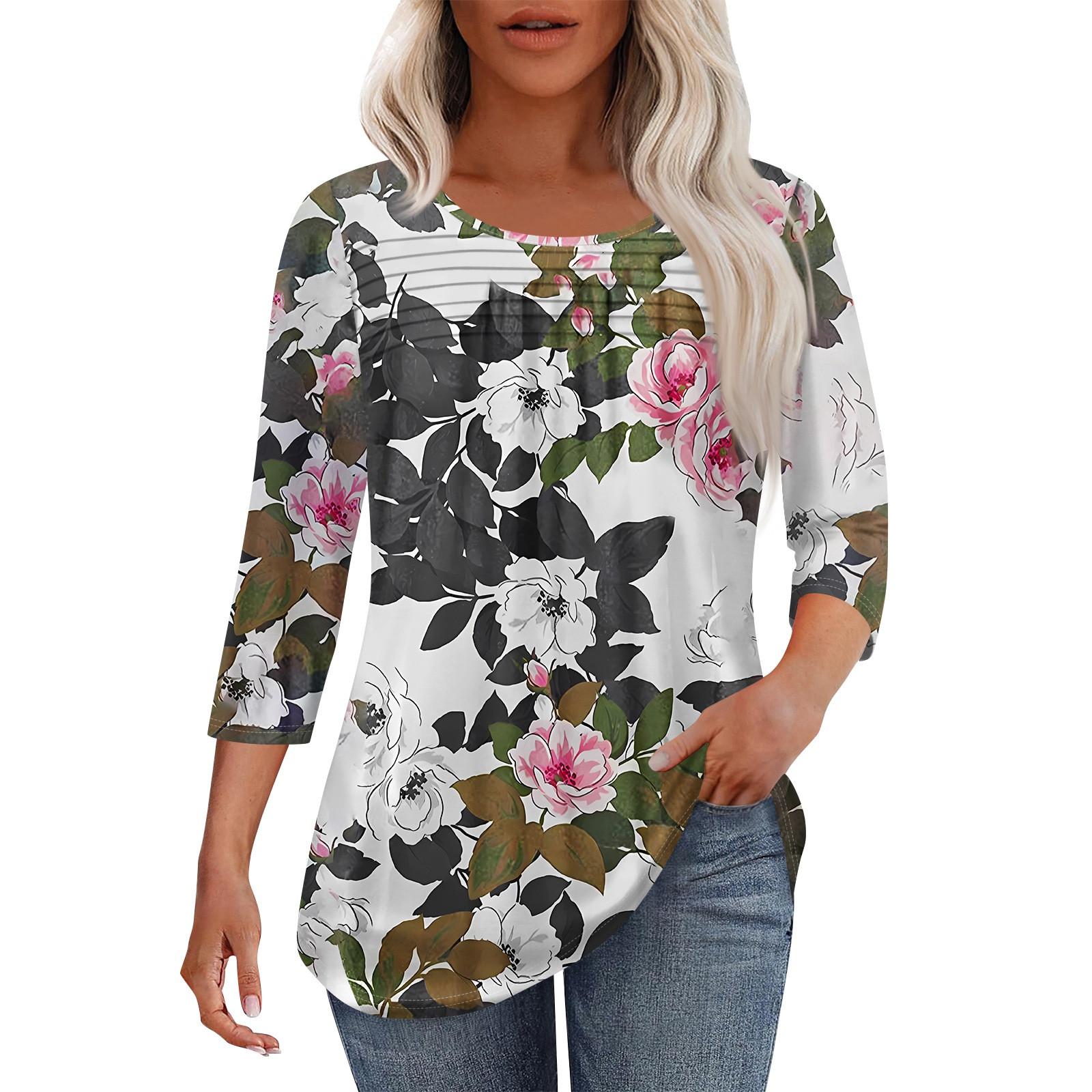 

Женская мода круглый вырез шея плиссированная передняя планка с принтом рукав 3/4 топ XXXL