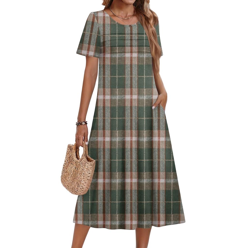 Damen kariertes bedrucktes lässiges und modisches kurzärmeliges Rundhalskleid