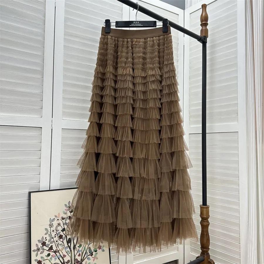 Damen Frühling/Herbst Netzrock High-Waist Schlankmachender A-Linien-Rock mit Drapierung Faltenrock