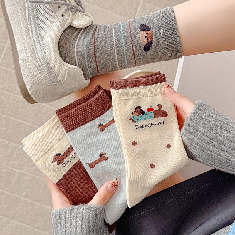 Female Spring and Autumn Spell Color Cartoon Cute Dachshund Dog Polka Dot Striped College Wind Cylinder Pile Socks