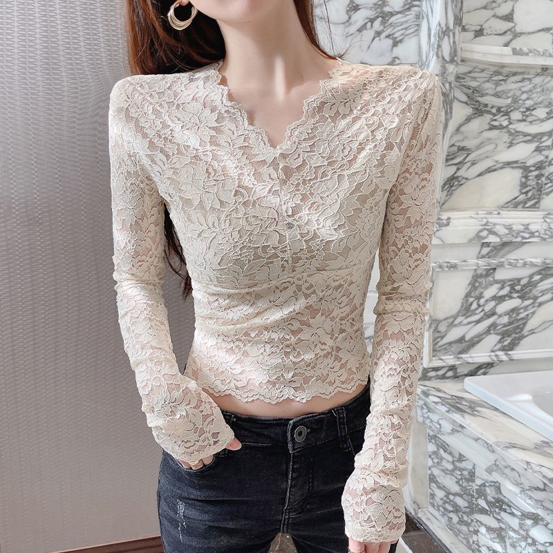 V-neck Lace Undershirt Women's Long Sleeved Low Neck Chiffon Jacket Black Short Mesh Top