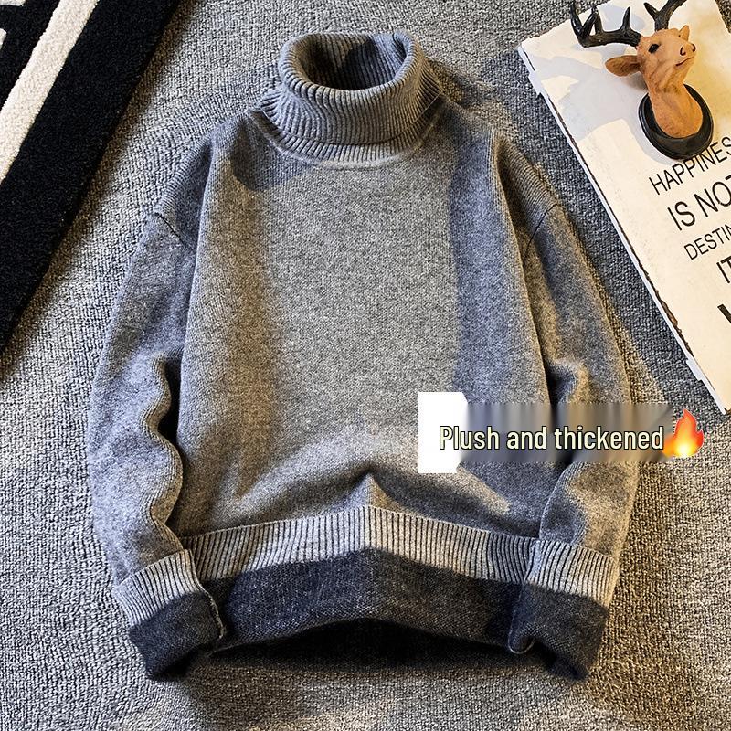 Men's Trendy High Neck Plus Velvet Sweater: Autumn/Winter Solid Color Knit Pullover