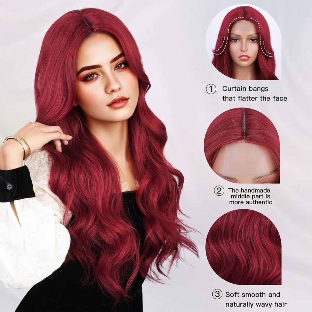 New Wig European American Women Front Lace Synthetic Headband Small Wine Red Medium Split Long Curly Hair