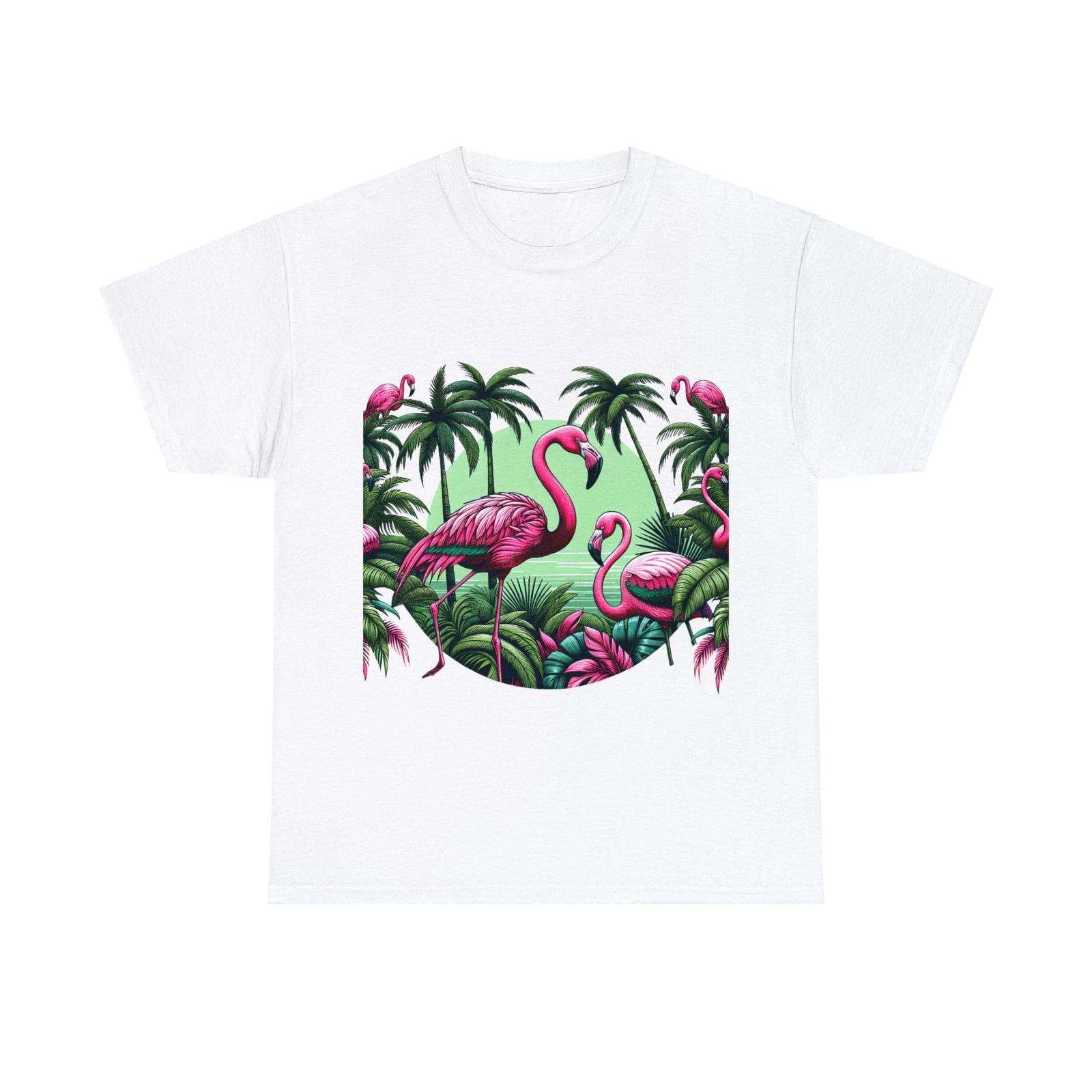 Unisex Adult Graphic T Shirt: Tropical Flamingos Palm Trees, Serene Island Vibes 2XL