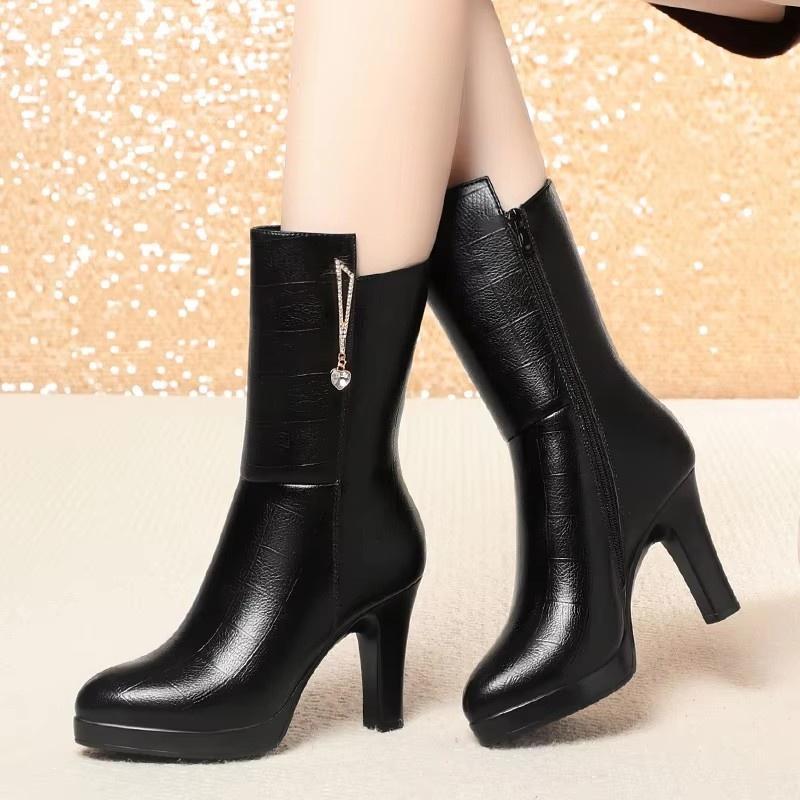 7cm 9cm Fashion Comfortable Soft Leather Boots Platform Shoes Winter 2025 Mid Calf Block High Heels Fur Plush Boots Office Mom