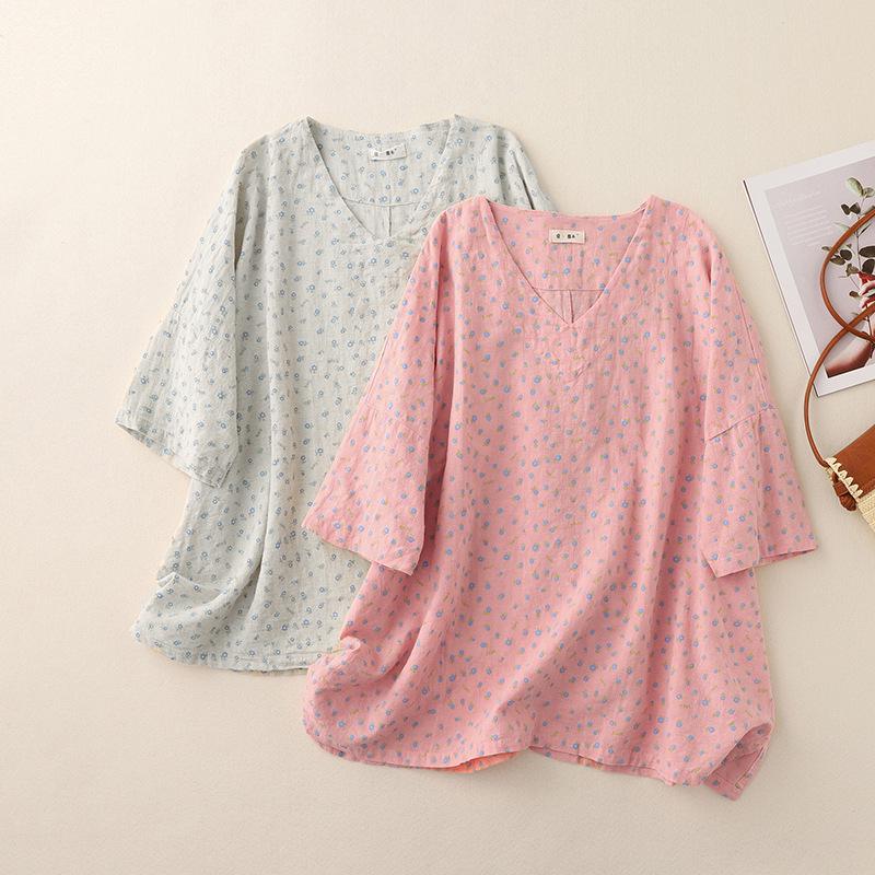 Summer Retro Floral Linen Pullover - Artistic Fresh Five-Sleeve Top
