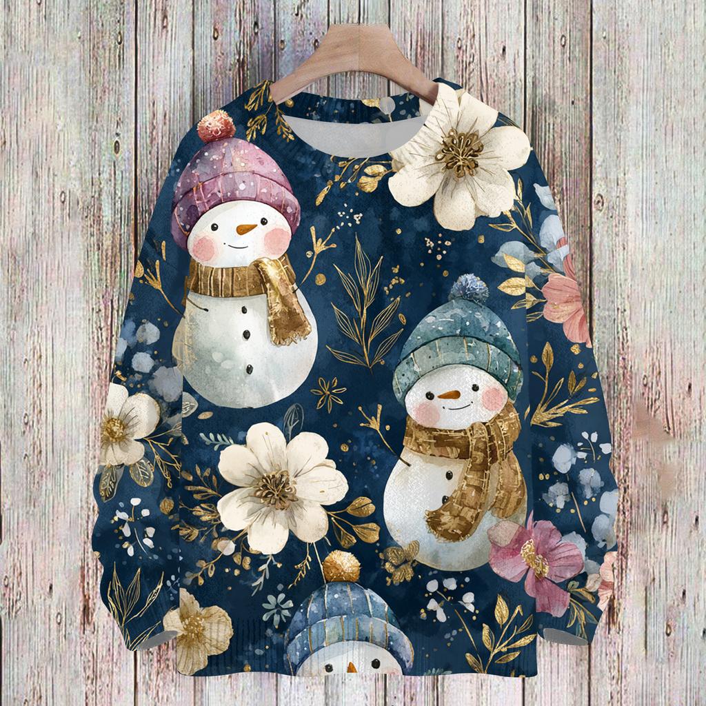 Ladies' Fashionable And Casual Christmas Cute Printed Round Neck Long Sleeved Knitted Yarn