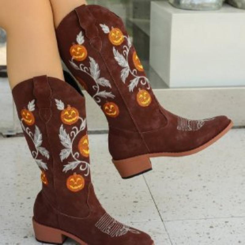 Large Size Low Heel Knight Boots Autumn and Winter New Embroidered Round Head Medium Boots Thick Heel Martin Boots Women