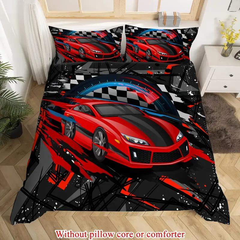 Racing Car Duvet Cover Set - 3D Cartoon Vehicle Print All-Season Bedding Set- 100% Polyester Breathable Fabric, Machine Washable