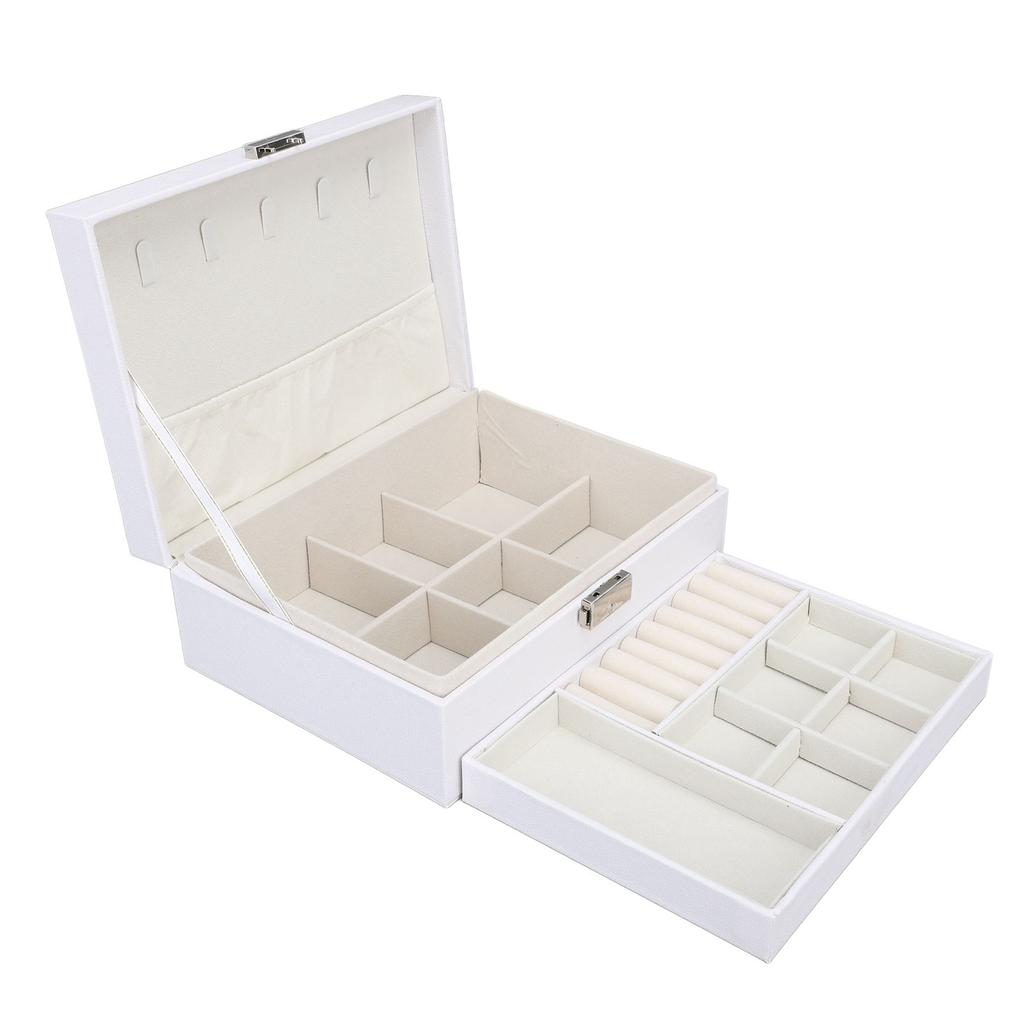 Jewelry Storage Box White Wood Large Capacity 2 Layer Multiple Compartments PU Leather Portable