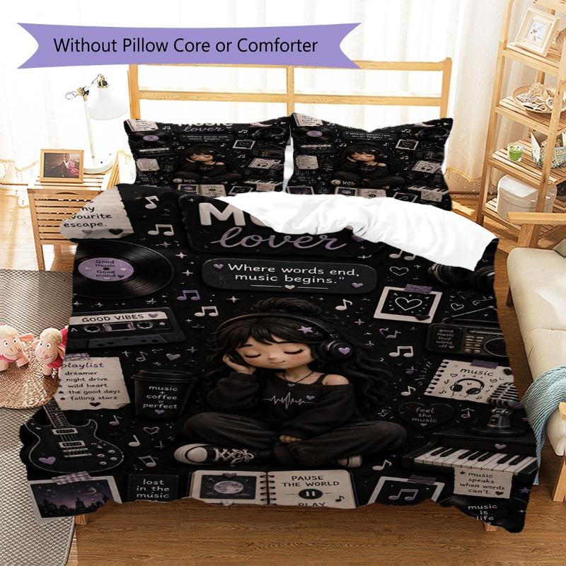Music Lover Girl Vinyl Record Print 3 Pieces Duvet Cover Set Music Theme Bedding Set Bedroom Home Decor Without Pillow Core Comforter