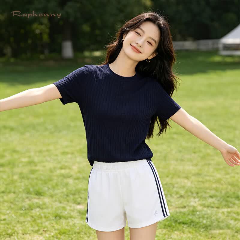 Raphenny Women s Acetate Tencel Waffle Knit Short-Sleeve Top L