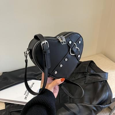 Kleine Umhängetasche in Herzform zum Valentinstag, Umhängetasche mit Reißverschluss in Volltonfarbe für Damen, Handtasche im Punk-Stil