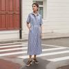 Moda europea y americana talla grande falda camisa a rayas para mujer esquema de color azul y blanco diseño de cordones en la cintura a rayas vestido para mujer