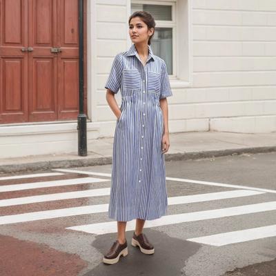 Fashion European and American Large Size Women's Striped Shirt Skirt Blue and White Color Scheme Striped Lace-up Waist Design Women's Dress