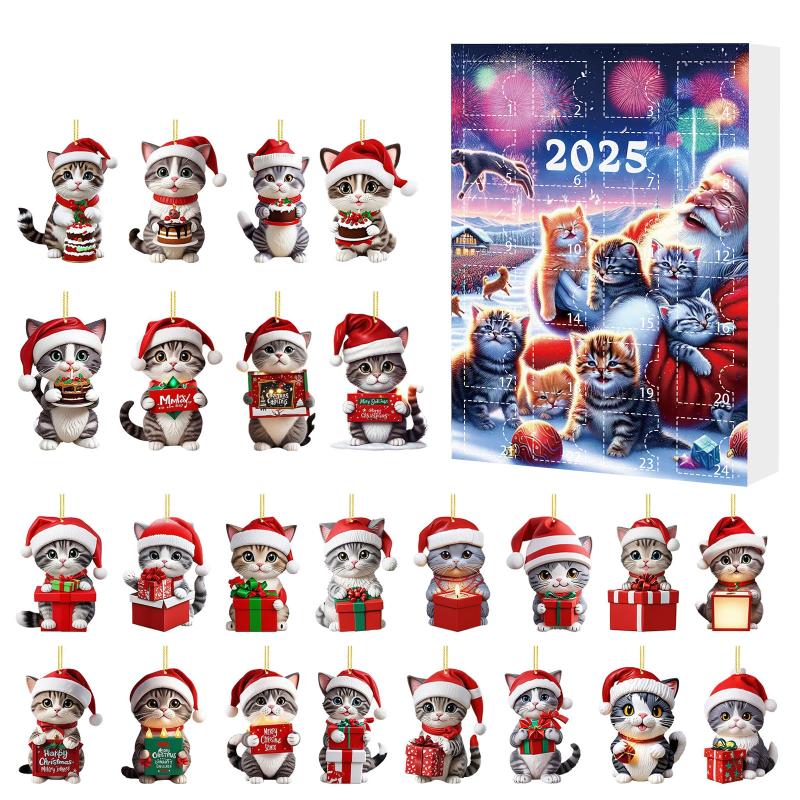 Kätzchen Adventskalender 2025 2D Acryl Katzenanhänger Weihnachtsbaumdeko 24 Tage Weihnachten Countdown Kalender Geschenk Für Katzenliebhaber