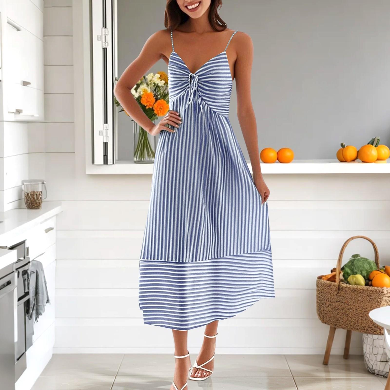 

Женское летнее модное повседневное платье с V-образным вырезом в полоску на подтяжках XL