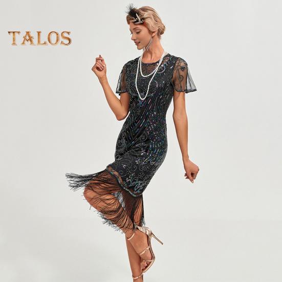 Ballkleid für Damen im Vintage-Stil, mit hohler Spitze, Quaste und Pailletten-Dekor, durchsichtig, runder Halsausschnitt, kurze Ärmel, schmale Passform, Reißverschluss auf der Rückseite, Cocktailparty