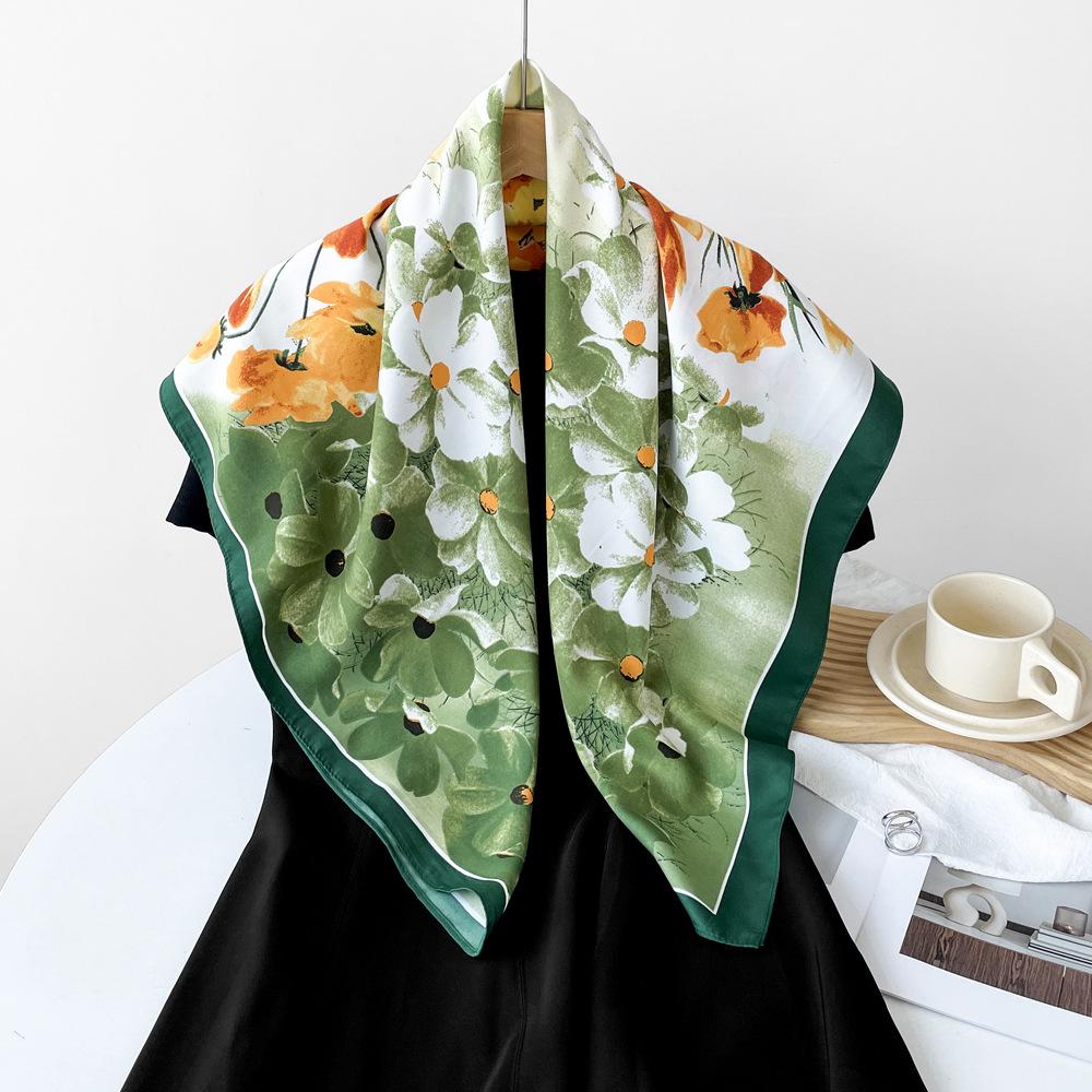 New Floral Scarf Mother Gift Flowers Sweet Thin Sunscreen Shawl Simulated Silk Print Square Scarf