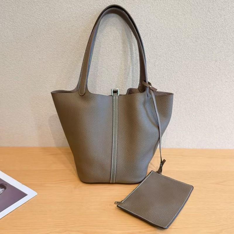 First-layer TC Cowhide Hand-carried Vegetable Basket Bag Leather Underarm One-shoulder Handbag Fashionable Casual Large-capacity Bucket