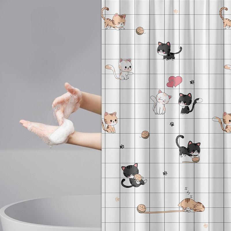 Shower Curtains Cartoon Naughty Cat Print Bathroom Curtain Waterproof Simple Easy To Clean PEVA Fabric with Hooks 200cm Cute