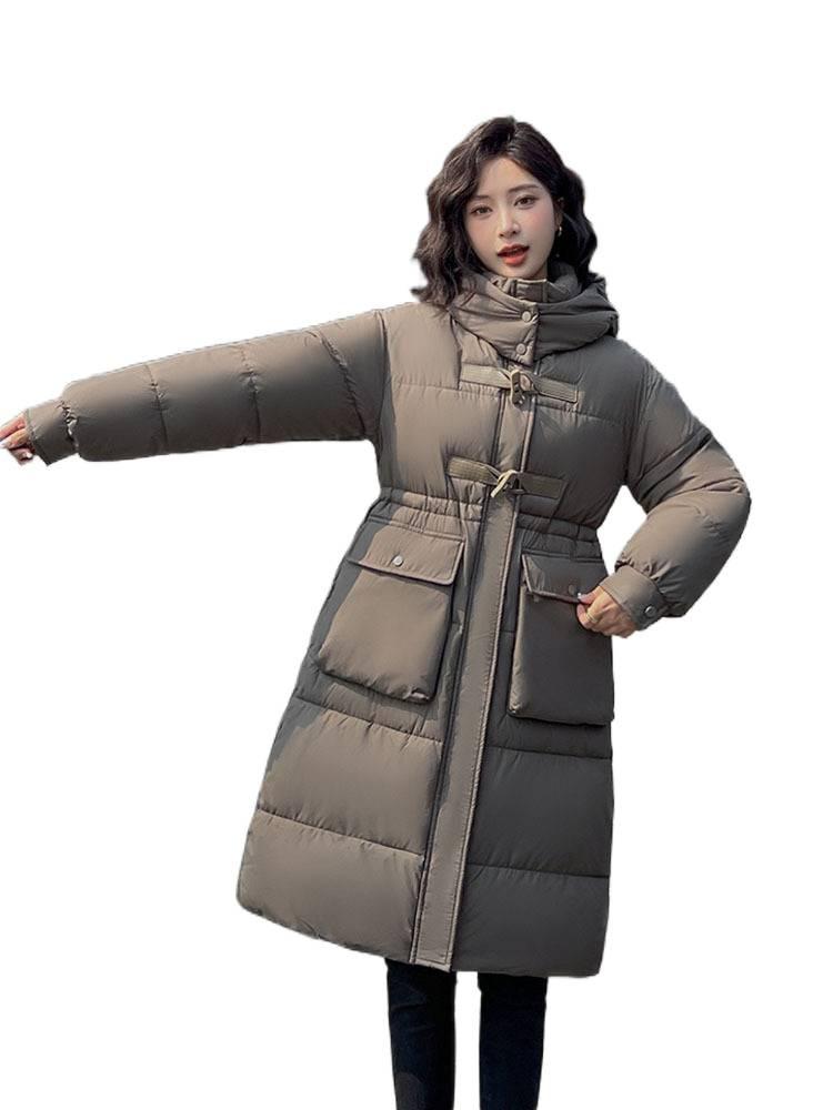 Loose waist and thin down cotton-padded clothes for women's medium and long niche thickened hooded cotton-padded jacket winter coat