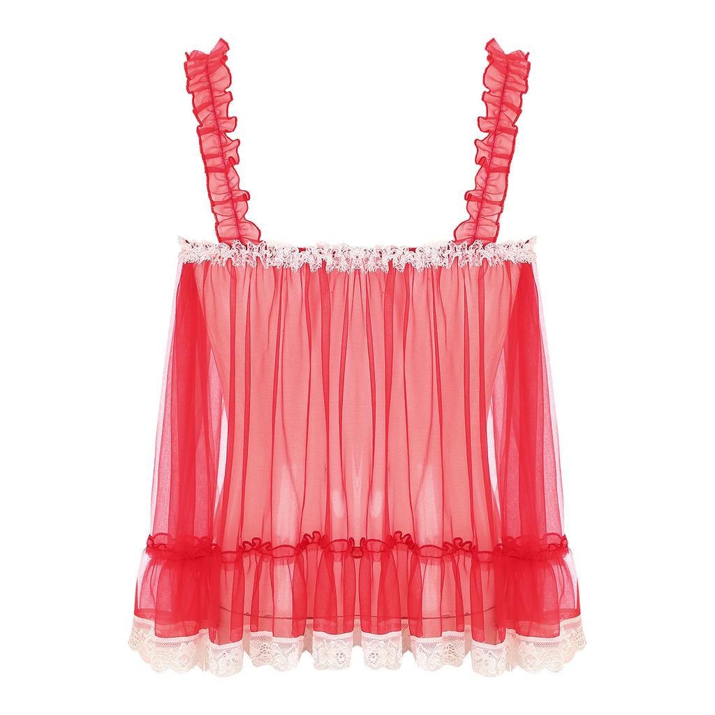 Mens Sheer Mesh Camisole Ruffled Straps Bow Accent Lace Trim Crossdressing Slip Top Clubwear